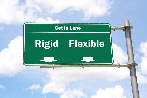 highway sign saying get in lane and label of rigid and flexible