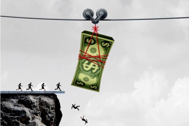 drawing of people running off cliff trying to grab giant dollar bill on wire