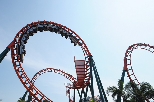 Rollercoaster loops showing one group of riders upside down