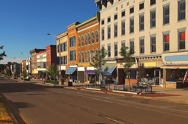 typical Main Street of older downtown area in U.S.