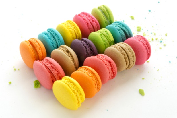 3 rows of colorful French macarons