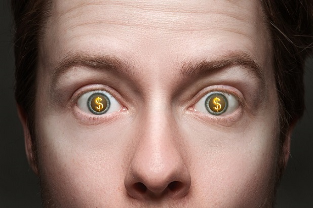 man with dollar signs on his eyeballs