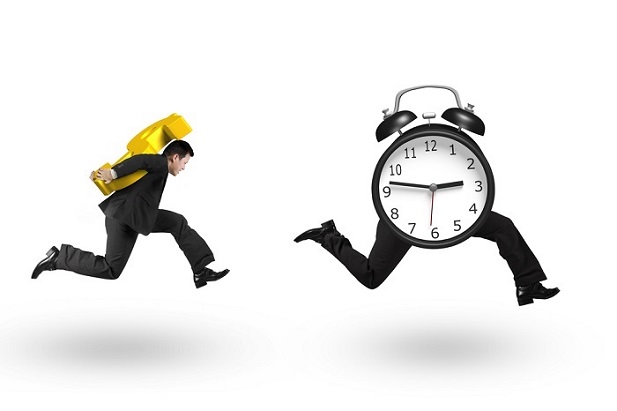 man carrying gold and chasing clock with legs