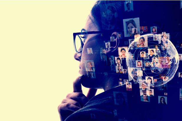 woman wearing glasses and thinking collaged with head shots of people