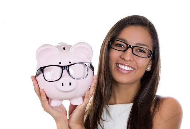 woman and piggy bank both wearing glasses