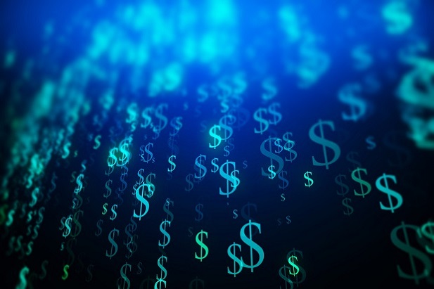 abstract of dollar signs rising on blue background
