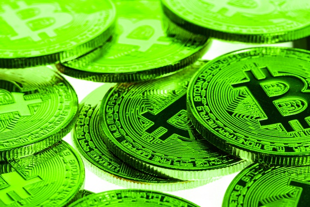 stylized bitcoin coins in green