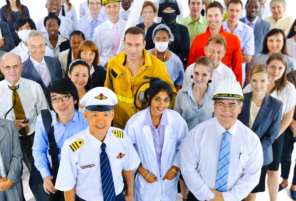 group of employees from various industries in various uniforms