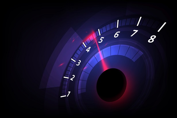 purple dial on black background has pink line between numbers 4 and 5