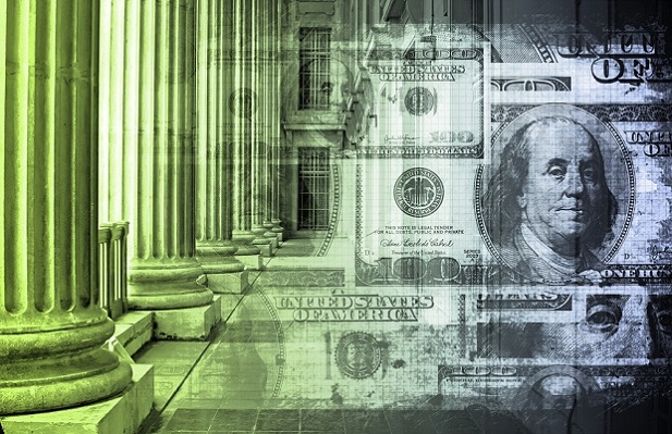 collage of green courthouse columns and dollar bills