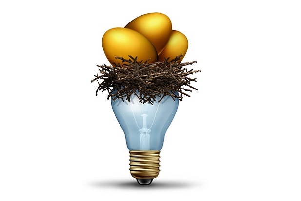 lightbulb with nest on top holding golden eggs