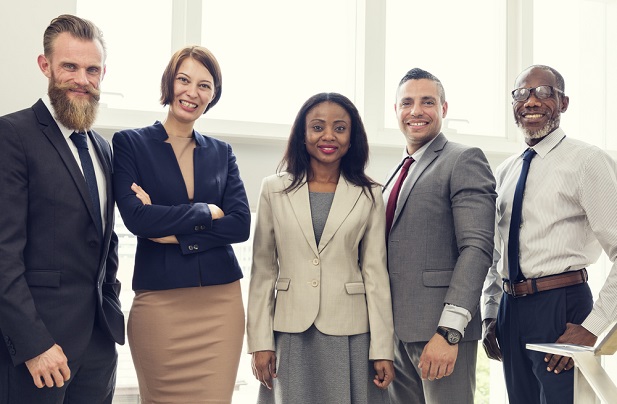group of five diverse professionals