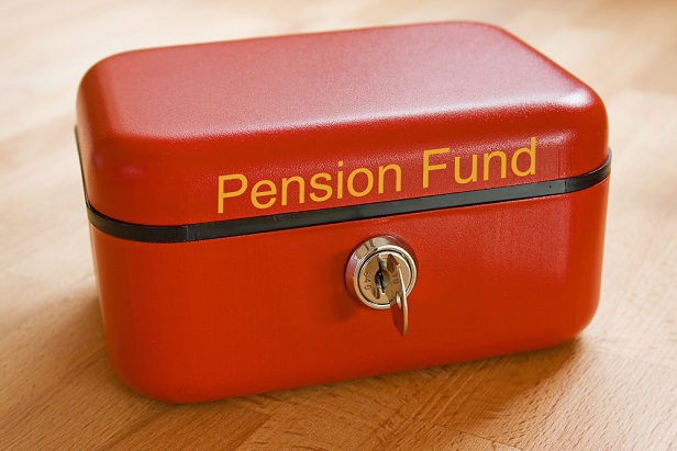 small red metal box labeld Pension Fund