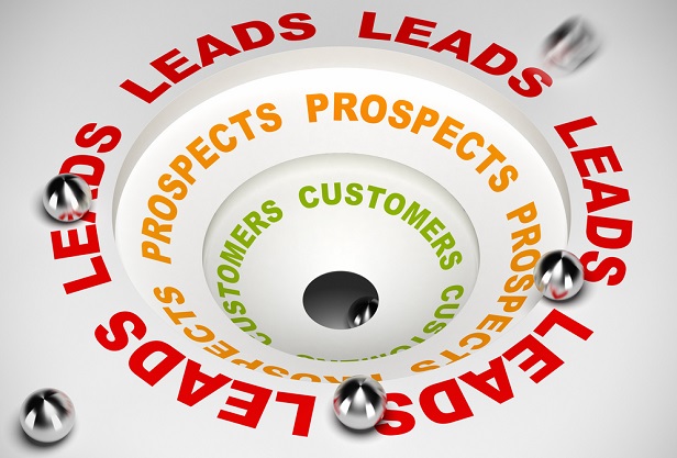 concentric circles with Leads, Prospects, Customers printed on them leading down to a hole