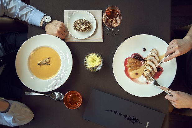 closeup from above of two people dining