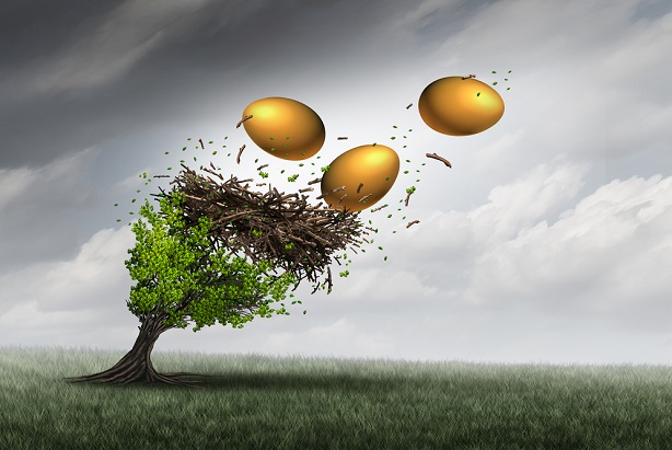 Illustration of golden eggs in tree being pushed by strong wind