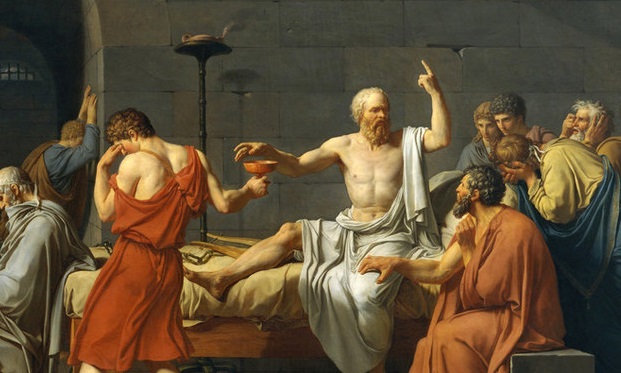 The Death of Socrates, by Jacques Louis David, 1787, French Neoclassical painting, oil on canvas. Greek Classical philosopher Socrates about to drink poison hemlock 