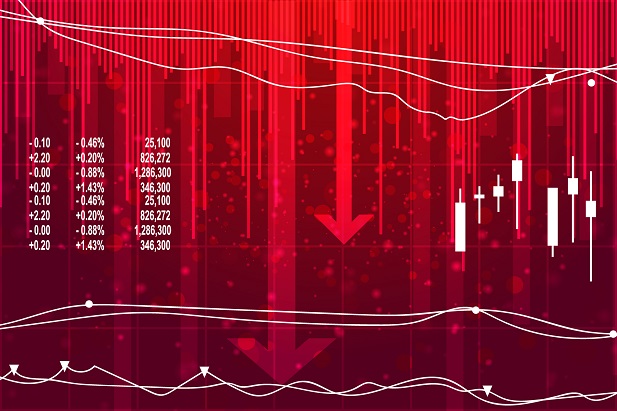 stylized red stock market chart with downward arrows