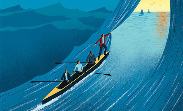 Illustration of people in boat on a wave pulling back "curtain"