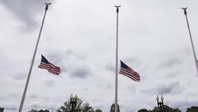 Flags at half-mast outside Union Station in Washington, D.C.,