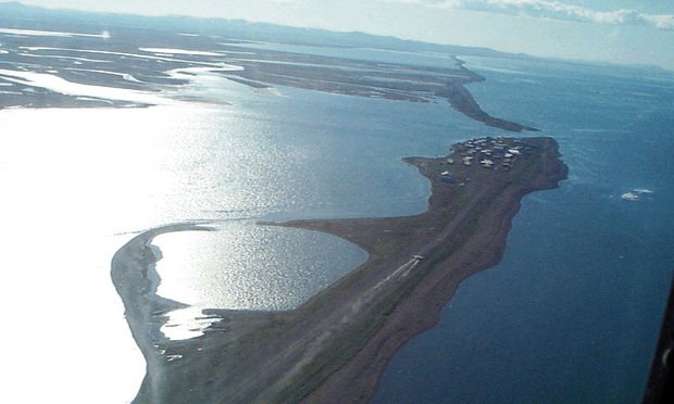 Aerial view of Kivalina, Alaska, USA. View is to the southeast. 1999. Credit: U.S. Army Corps of Engineers Digital Visual Library.