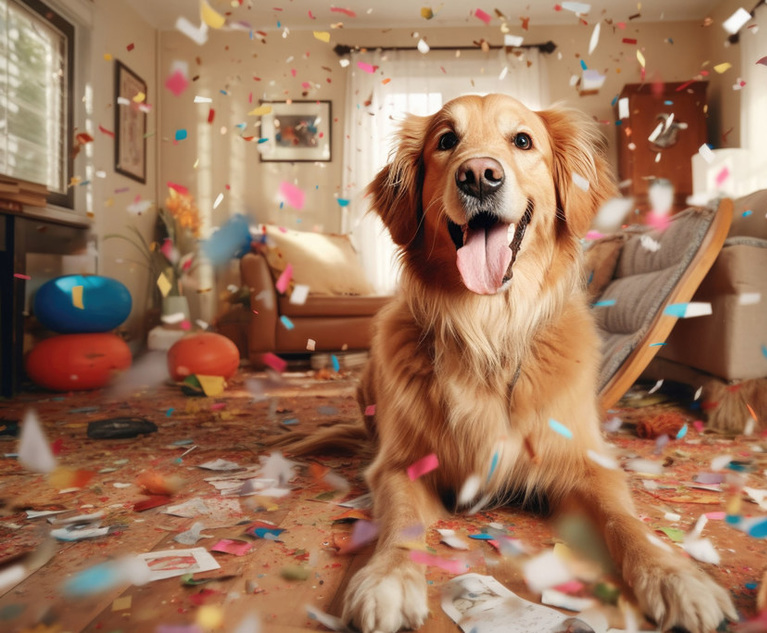 Golden retriever portrait against the backdrop of a mess at home created with Generative AI technology
