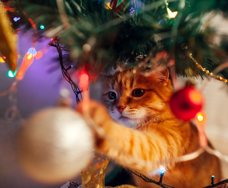 Ginger cat sitting under Christmas tree and playing with toys and lights. Christmas and New year concept