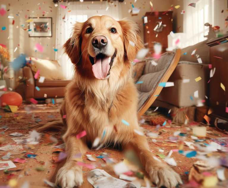 Golden retriever portrait against the backdrop of a mess at home created with Generative AI technology