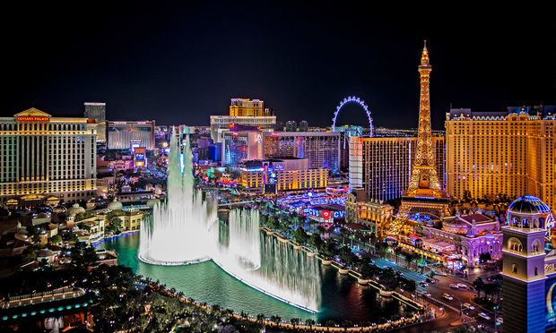 Panoramic aerial view of the Las Vegas Strip, at night.