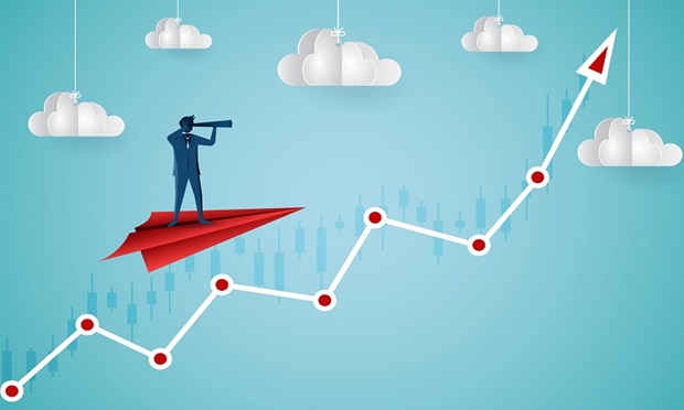 One Businessman standing holding binoculars on a paper plane flying up into the sky while flying above a arrow graph. business finance success. leadership. startup. creative idea. cartoon vector