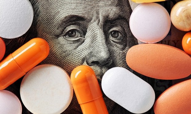 Prescription and health care costs; pills on a $100 bill