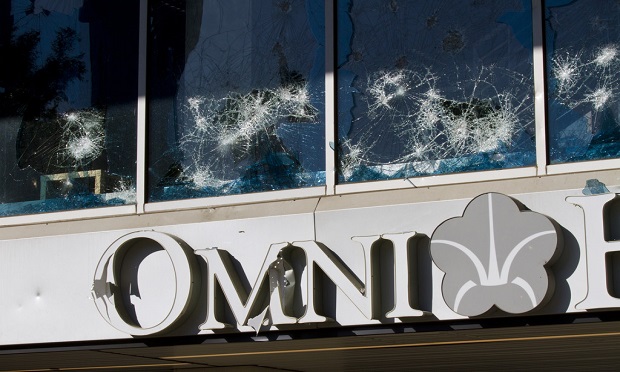 The Omni Hotel in Atlanta was damaged after a night of violent protests, rioting and looting on Friday, May 29, 2020. (John Disney for ALM Media)