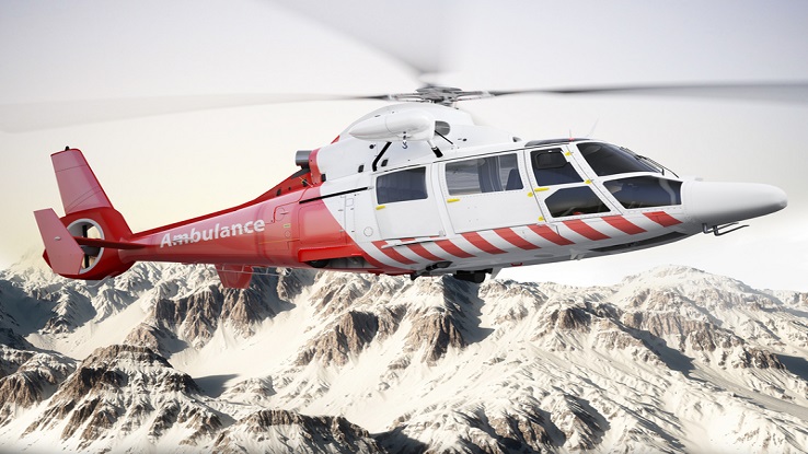 Rescue helicopter in flight over snow capped mountains with motion blur blades. Photo realistic 3d scene