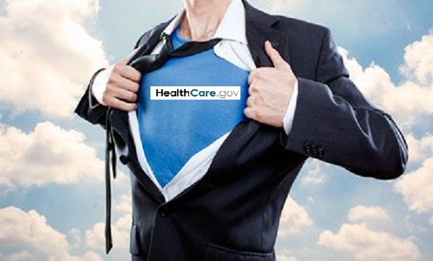 A superhero with a HealthCare.gov logo on his chest, based on a Shutterstock image with a CMS logo