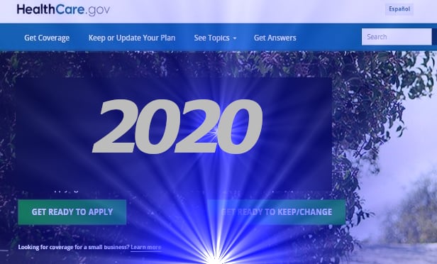 2020 superimposed on a HealthCare.gov screen shot. The HealthCare.gov comes from CMS.