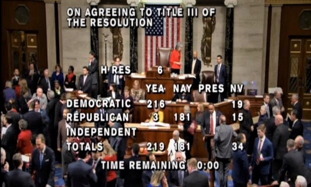 A vote tally on the House live video feed. (Screen capture: House video)