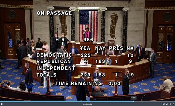 Screen shot from the live House feed toward end of voting on H.R. 986