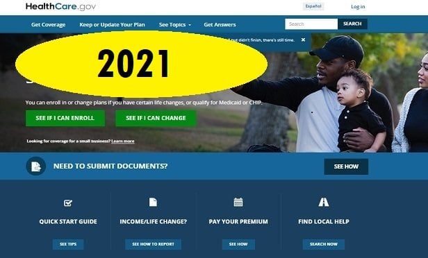 HealthCare.gov's home page with a 2021 over it