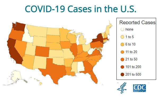 Map showing just about every state has some confirmed coronavirus cases