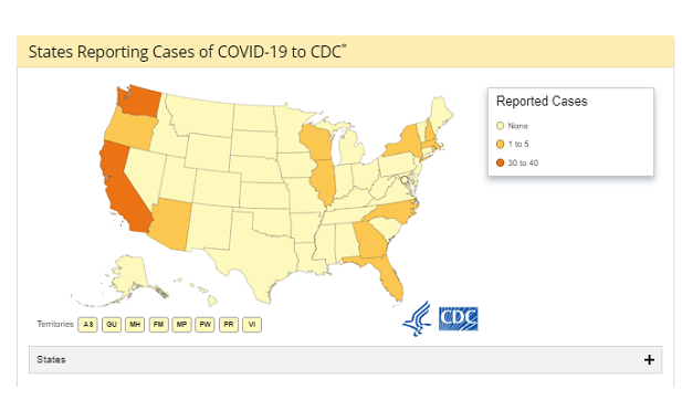 A map showing that SARS-CoV-2, the Covid-19 pneumonia virus, has shown up all along the West Coast and the East Coast, and is starting to appear in the Upper Midest.