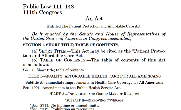 The top of the first page of PPACA