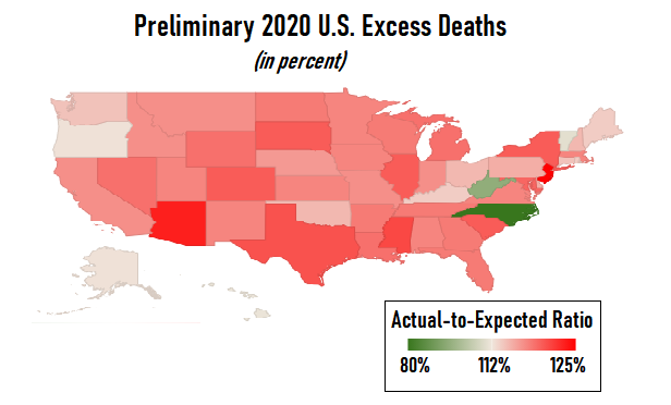 This USA map shows wThis U.S. state map shows how actual 2020 deaths in each state compared with the expected number. It's s mostly pink. Arizona and New Jersey are red, meaning bad, and Mississiippi, Texas, CColorado, South Dakota, Illinois and some other states are dark pink. North Carolina and West Virginia look green, for some reason.