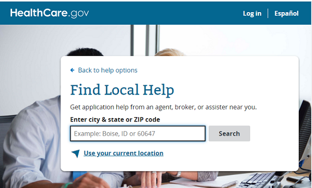 The HealthCare.gov agent/broker/local help search page, as of Feb. 16. There's a picture of a person with a search over the picture of the person. The caption says, 