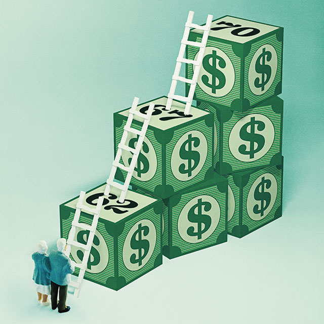 Drawing of building blocks labeled with dollar signs and retirement ages designed by Chris Nicholls